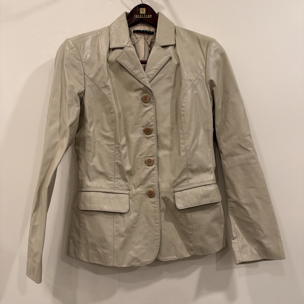 Vintage Y2K Tan Cream Leather Blazer Jacket Zip Up – Size 42